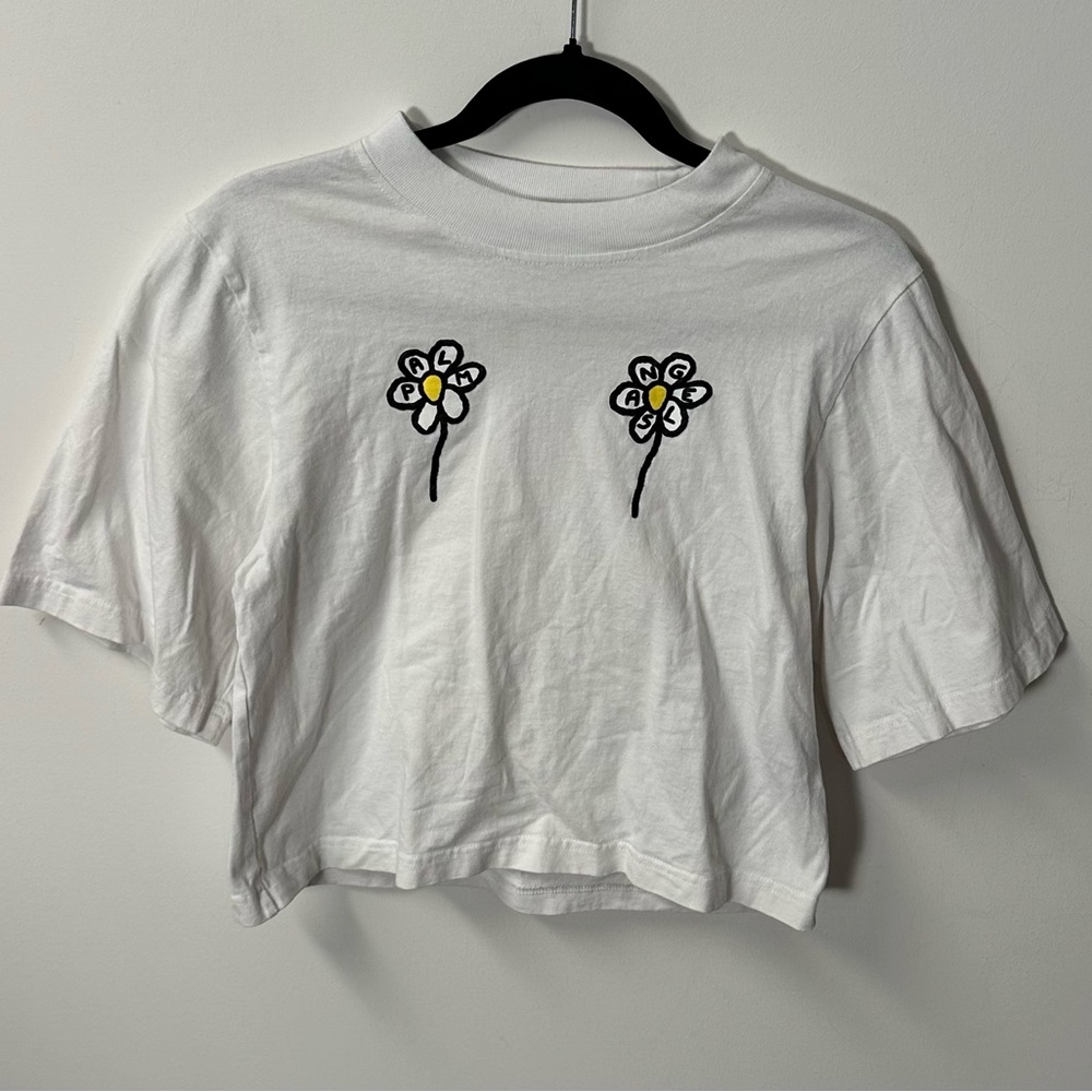 PALM ANGELS rare women's white daisy double sided cropped graphic tee, M.